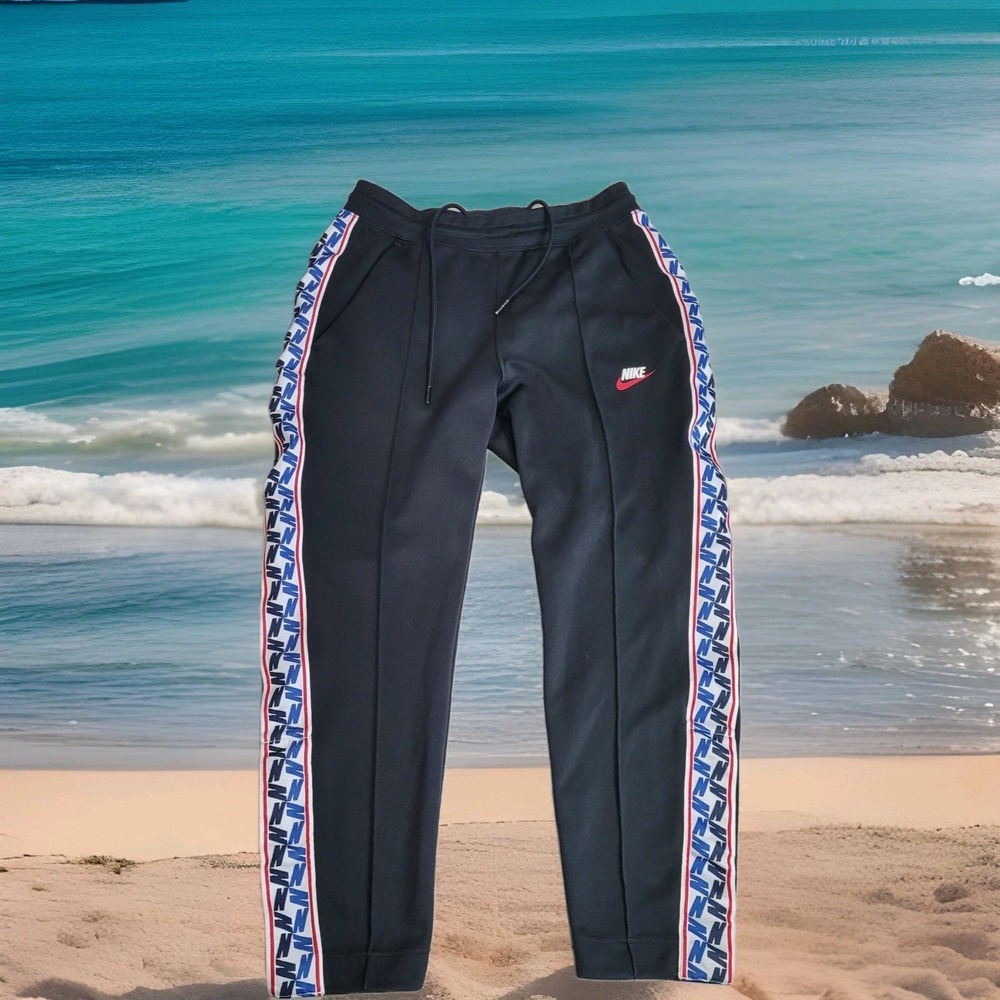 🔥Nike Track Pants Mens Med Black Retro Logo Side Taping Snap Cuff Drawstring